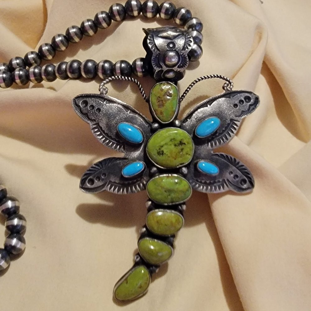 Navajo Turquoise Dragon Fly Pendant - Signed - SC